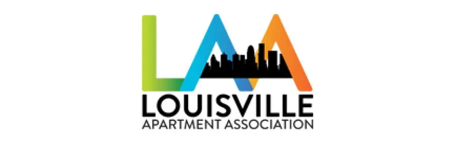 Logo of the Louisville Apartment Association featuring colorful letters and a city skyline silhouette.