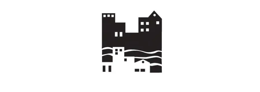 Black and white silhouette of a city skyline with buildings and water reflections.