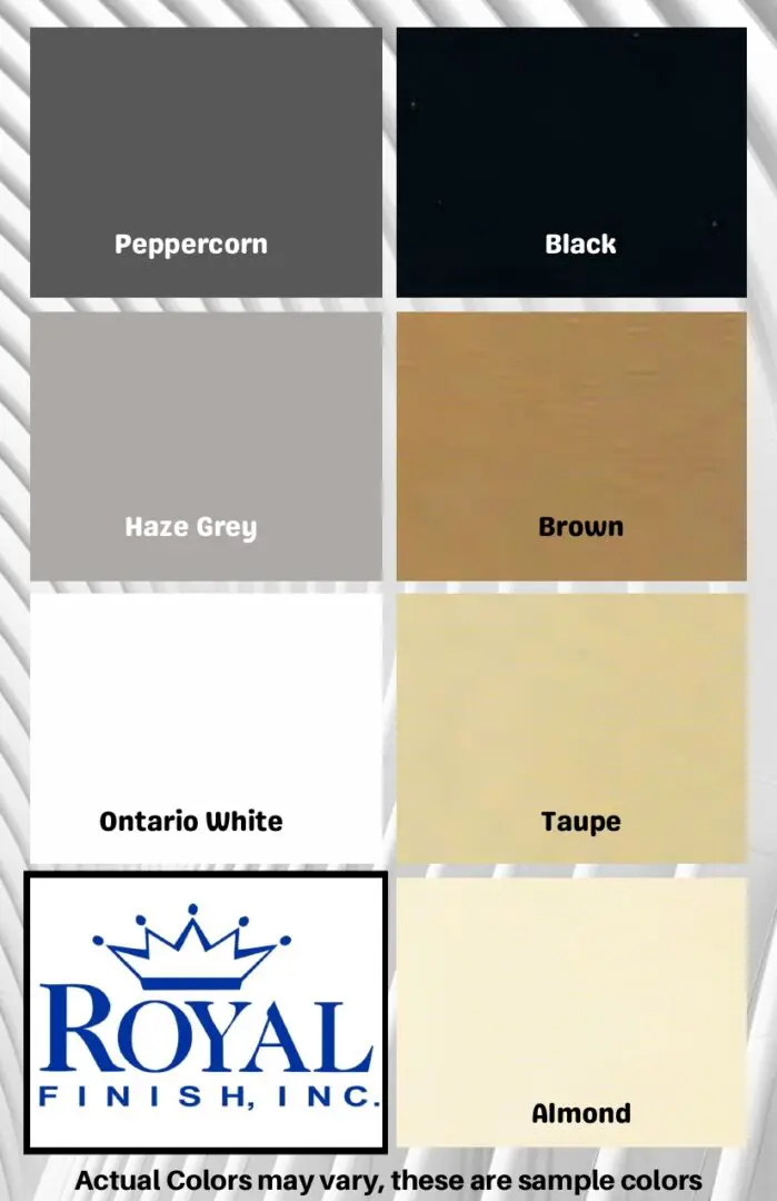 Royal Finish color samples: six shades displayed.