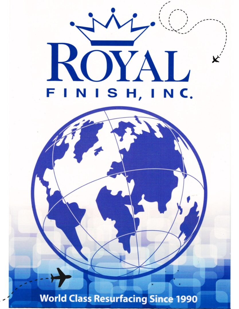 680fdd3a98ba8_royal Finish World Travel colors logo design Logo of Royal Finish, Inc. featuring a blue globe with continents and company name above it.