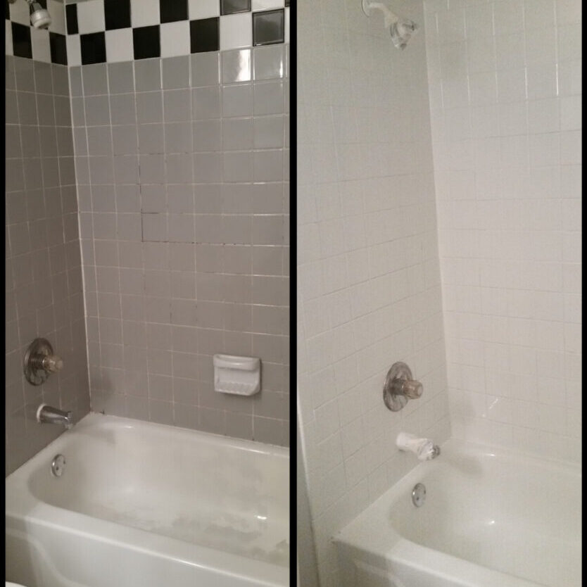 680fd60806e3b_SHOWER tub_tile checked to white A side-by-side comparison of a bathtub area before and after cleaning, showing noticeably cleaner tiles and tub on the right.