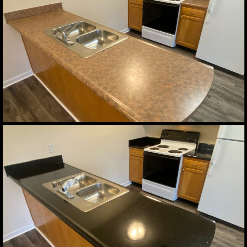 tan formica to black for rf web site Kitchen countertop before and after renovation.