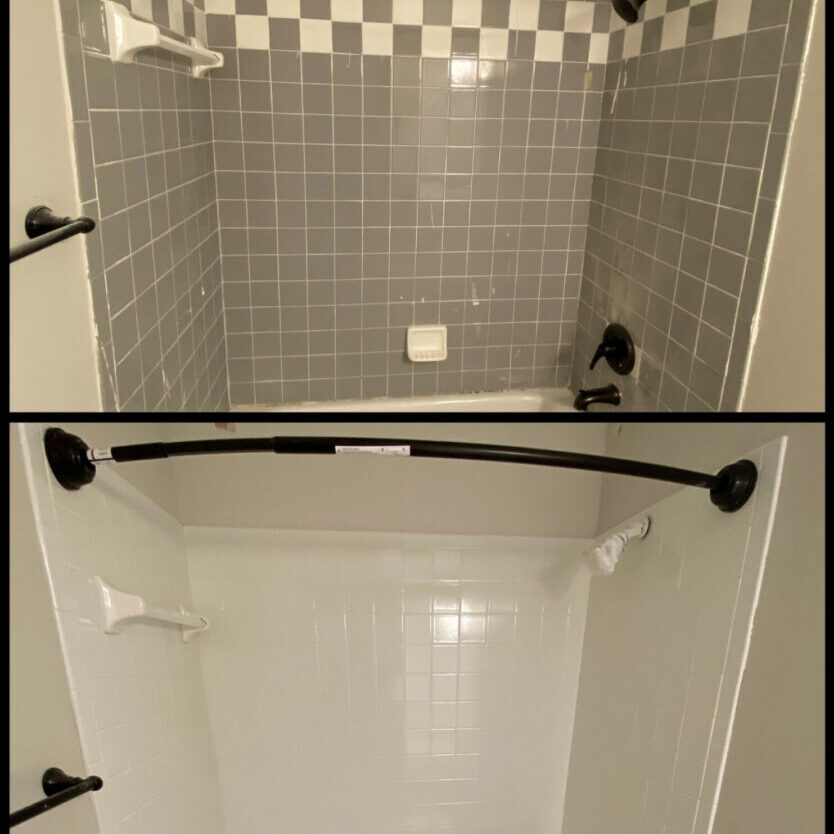 tub checked to white for rf web site Shower remodel before and after comparison.